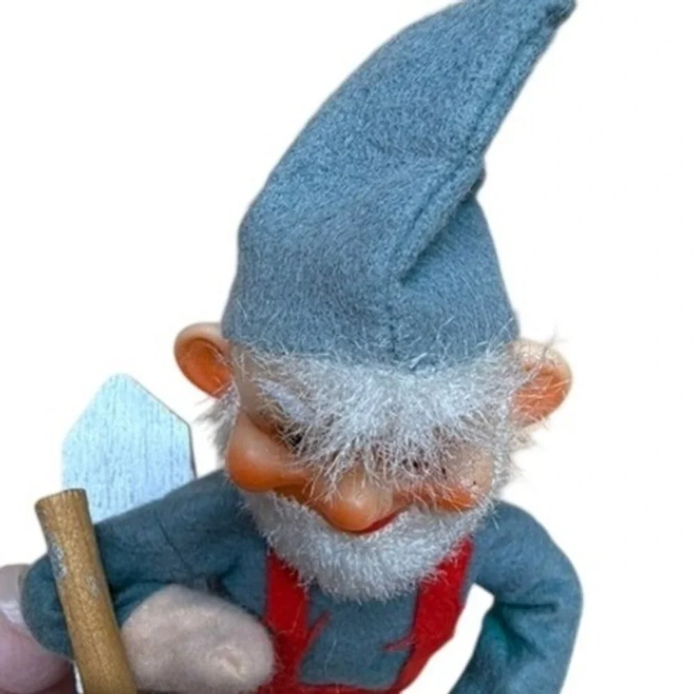 Vintage Gnome Figurine With Tools Red Overalls Green Shirt Sun Faded Winking Elf